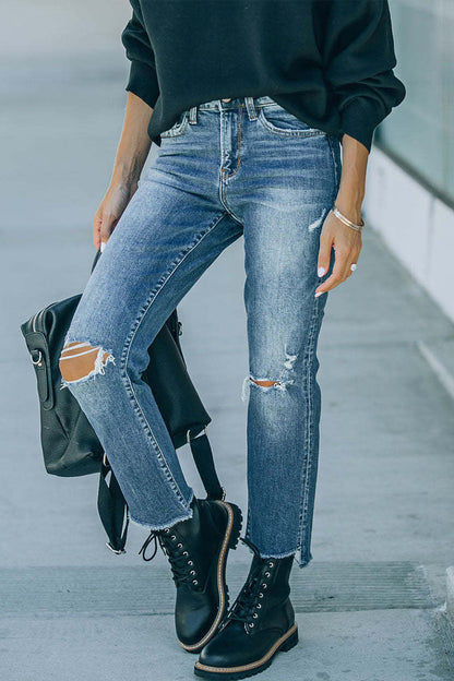 Street Ripped Straight Denim Jeans