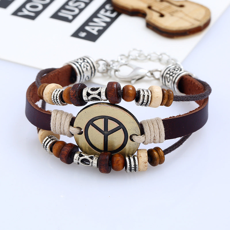 Comstylish Handmade Beaded Cowhide Bracelet Alloy Peace Bracelet