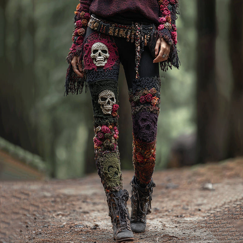 Rose And Skull Gothic Wool Patchwork Print Leggings elevenforest
