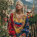 Women's Venezuela Flag Floral Art V-neck Linen Long Sleeve Tunic elevenforest