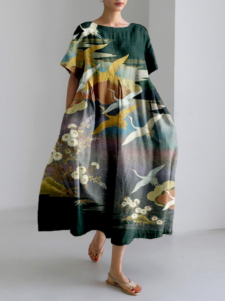 Vintage Cranes Japanese Art Linen Blend Maxi Dress elevenforest