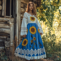 Vintage Sunflower Gradient Lace Art Linen V Neck Maxi Dress elevenforest