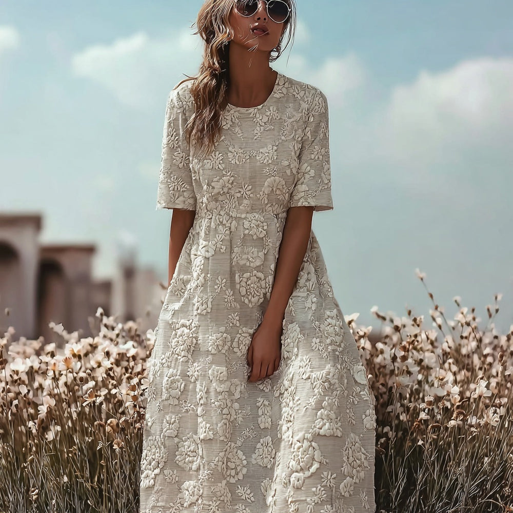 Elegant Floral Lace Embroidered Cozy Linen Maxi Dress elevenforest