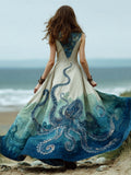 Ocean Octopus Art Vintage Women's Linen Vest Maxi Dress elevenforest