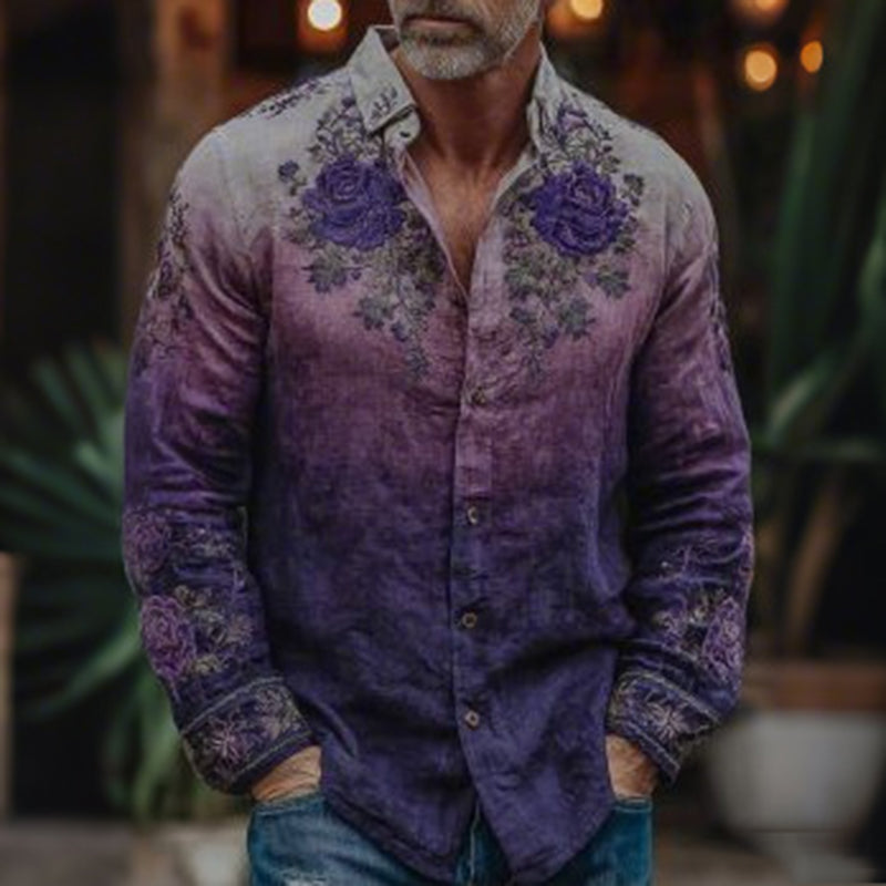 Men's Vintage Purple Flower Gradient Art Print Long Sleeve Shirt elevenforest