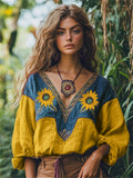 Vintage Boho Sunflowers Embroidered Contrast Linen Blend Tunic elevenforest