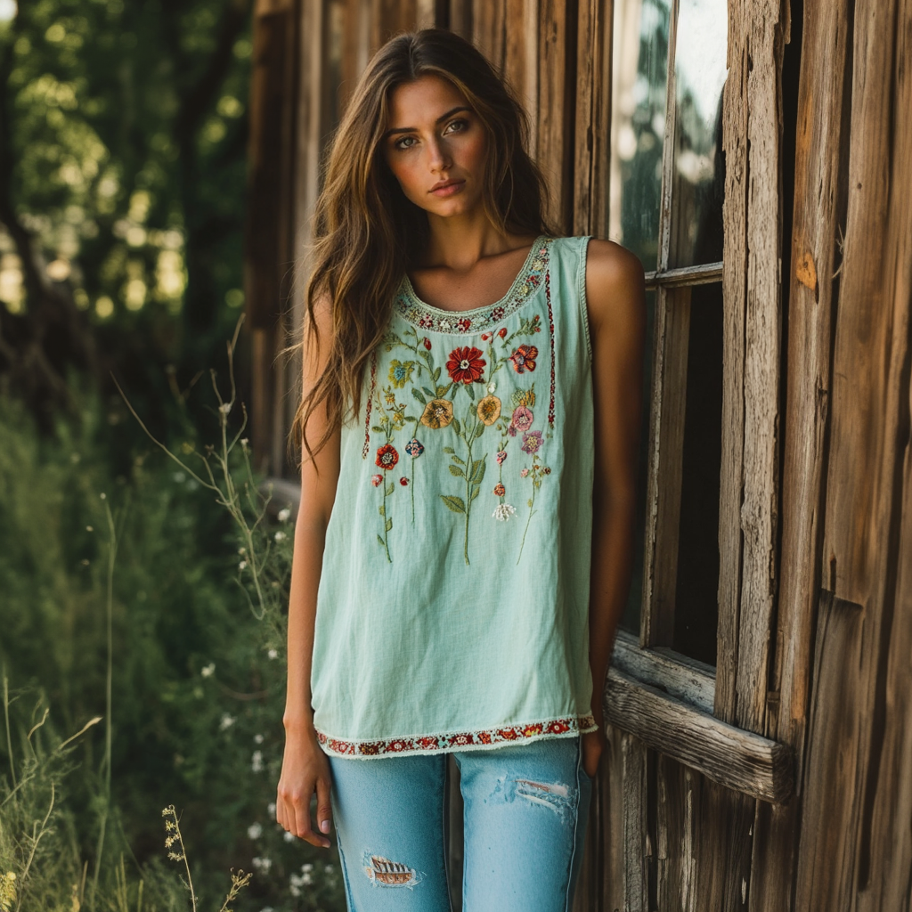 Vintage Bohemian Flowers Embroidery Art Linen Sleeveless Top elevenforest