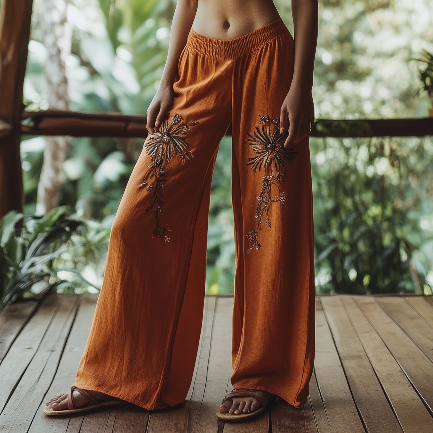Women's Boho Floral Embroidery Art Linen Casual Pants elevenforest