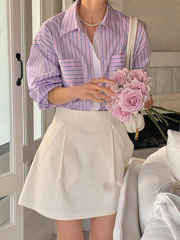 Long Sleeves Loose Buttoned Contrast Color Pockets Striped Lapel Blouses&shirts Tops