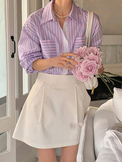 Long Sleeves Loose Buttoned Contrast Color Pockets Striped Lapel Blouses&shirts Tops