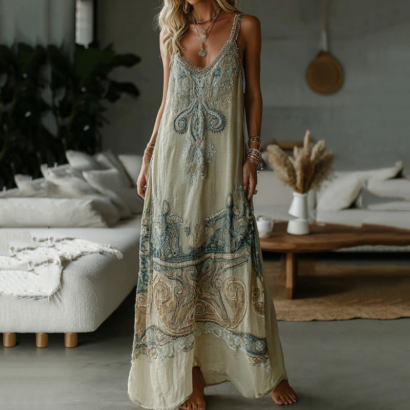 Vintage Tribal Boho Pattern Art Linen Comfy Maxi Dress elevenforest