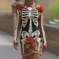 Women's Vintage Halloween Skeleton Bones With Rose Art Cozy Knit Mini Sweater Dress elevenforest
