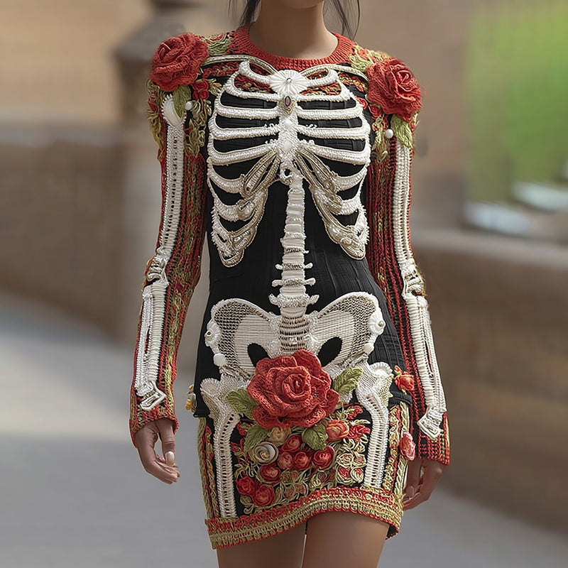 Women's Vintage Halloween Skeleton Bones With Rose Art Cozy Knit Mini Sweater Dress elevenforest