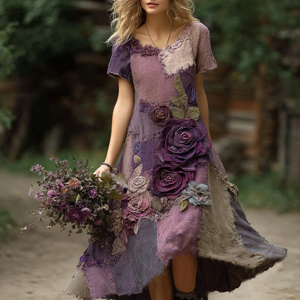 Classy Purple Patchwork And Floral Embroidered Linen Maxi Dress elevenforest