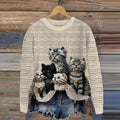 Women's Vintage Cute Cats Look Art Cozy Sweater elevenforest
