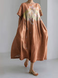 Japanese Art Print Casual Short Sleeve Loose Midi Dress