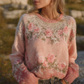 Vintage Boho Roses Pattern Round Neck Cozy Knit Sweater elevenforest