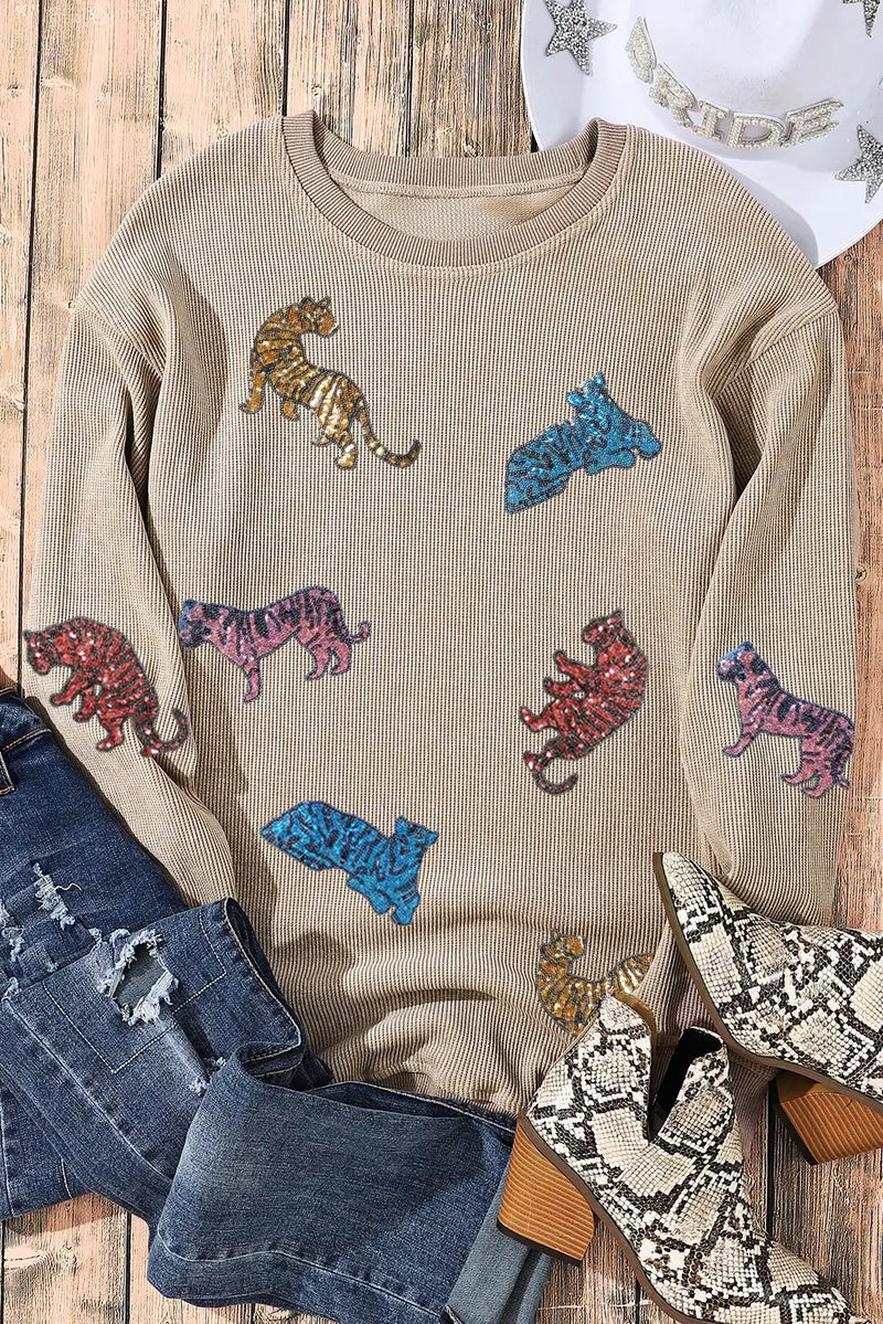 Khaki Sequin Animal Print Sweatshirt