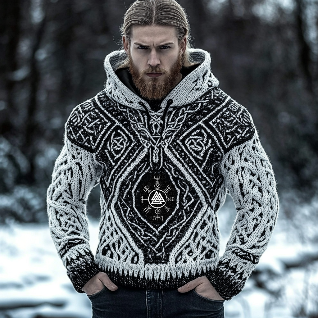 Men's Viking Rune Embroidered Comfortable Chunky Hooded Sweater elevenforest