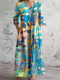 Women's Vintage Elegant Art Floral Pattern Cotton and Linen Dress with