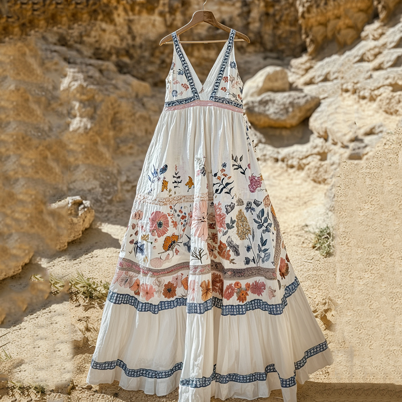 Women's Fashion Elegant Floral Cotton And Linen Sleeveless Dress elevenforest
