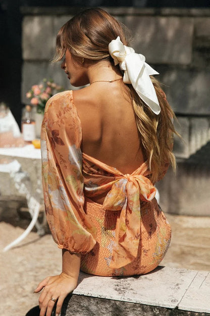 Lantern Sleeve Backless Lace Up Smocked Elastic Mini Dress