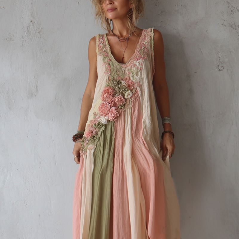 Women's Vintage Rose Floral Color Block Pattern Sleeveless Dress elevenforest