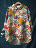 Women's Flower Art Print Casual Cotton And Linen Shirt