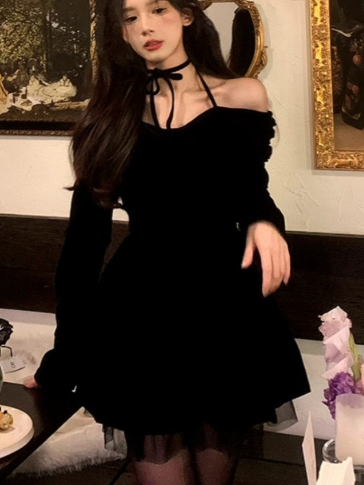 Y2k Velet Mini Dress A-line Princess Dress Mesh Ruffles Autumn Spring High Waist Lace Up Evening Party Vestidos New