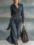 Fashionable Retro Gray Denim Patchwork Plaid Long-sleeved Maxi Dress