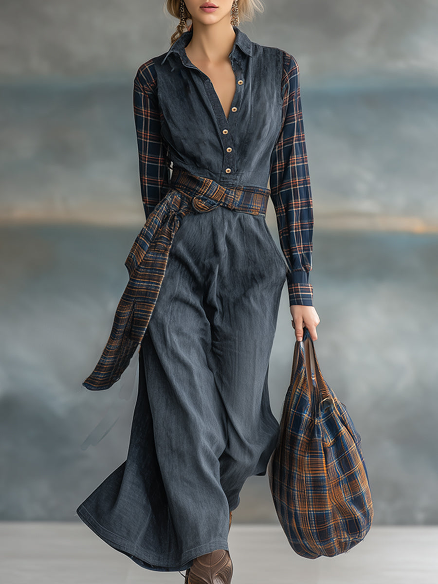 Fashionable Retro Gray Denim Patchwork Plaid Long-sleeved Maxi Dress
