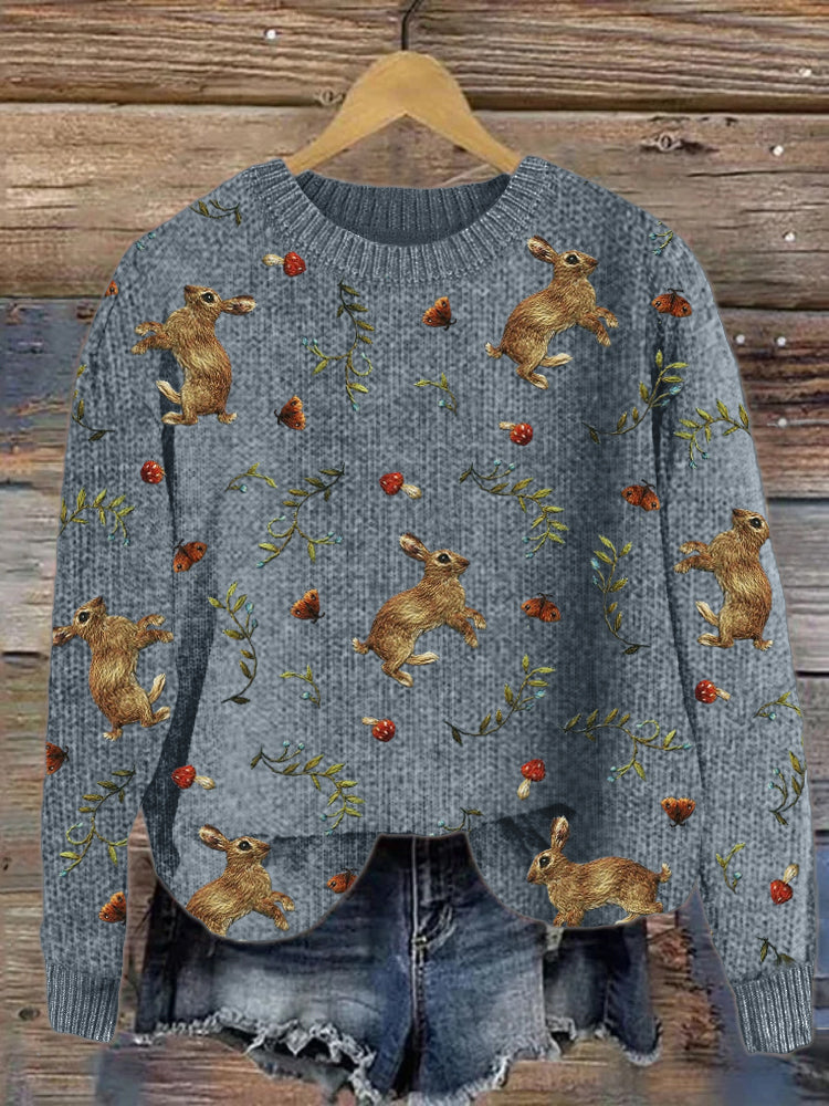 Forest Hare Floral Embroidery Pattern Cozy Knit Sweater artswardrobe