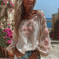 Women's Pink Rose Embroidered Art Round Neck Long Sleeve Blouse elevenforest