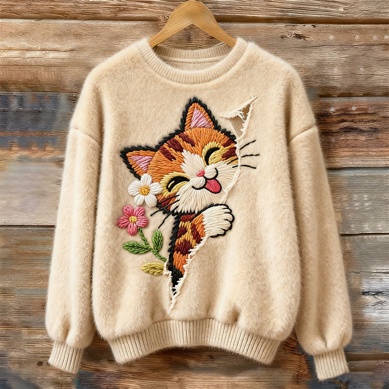 Cute Sweet Cat Art Women's Cozy Plush Sweater elevenforest