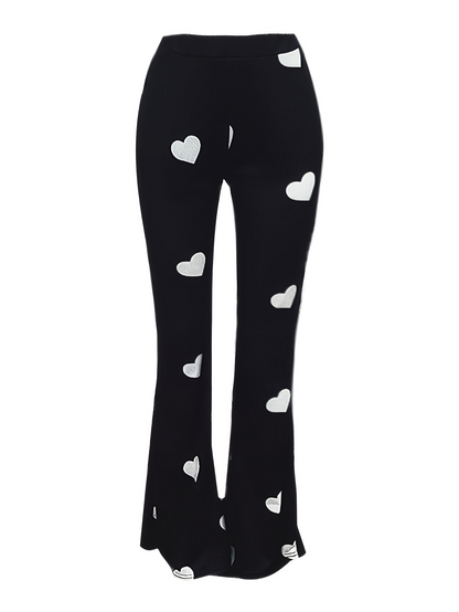 High Waist Heart Print Slimming Flared Pants New Spring Elastic Micro Horn Trousers Sweet Causal Style