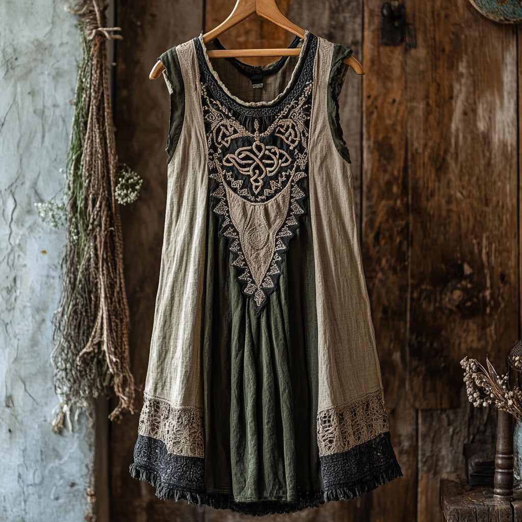 Tribal Celtic Knot Lace Patchwork Art Linen Tank Dress elevenforest