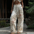 Women's Retro Pink Floral Patchwork Art Casual Linen Pants elevenforest