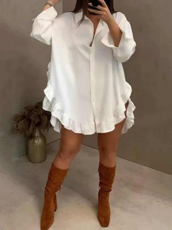 Long Sleeves Loose Falbala Color Split-joint Split-side Lapel Blouses