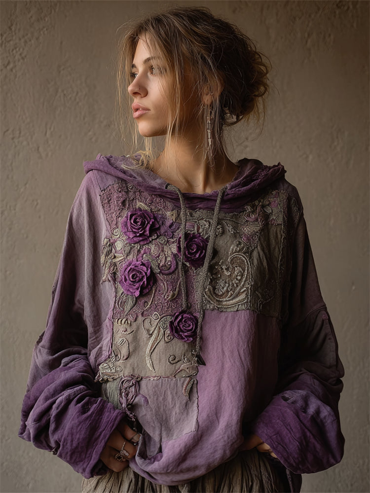 Vintage Purple Roses Fiber Art Patchwork Hoodie elevenforest