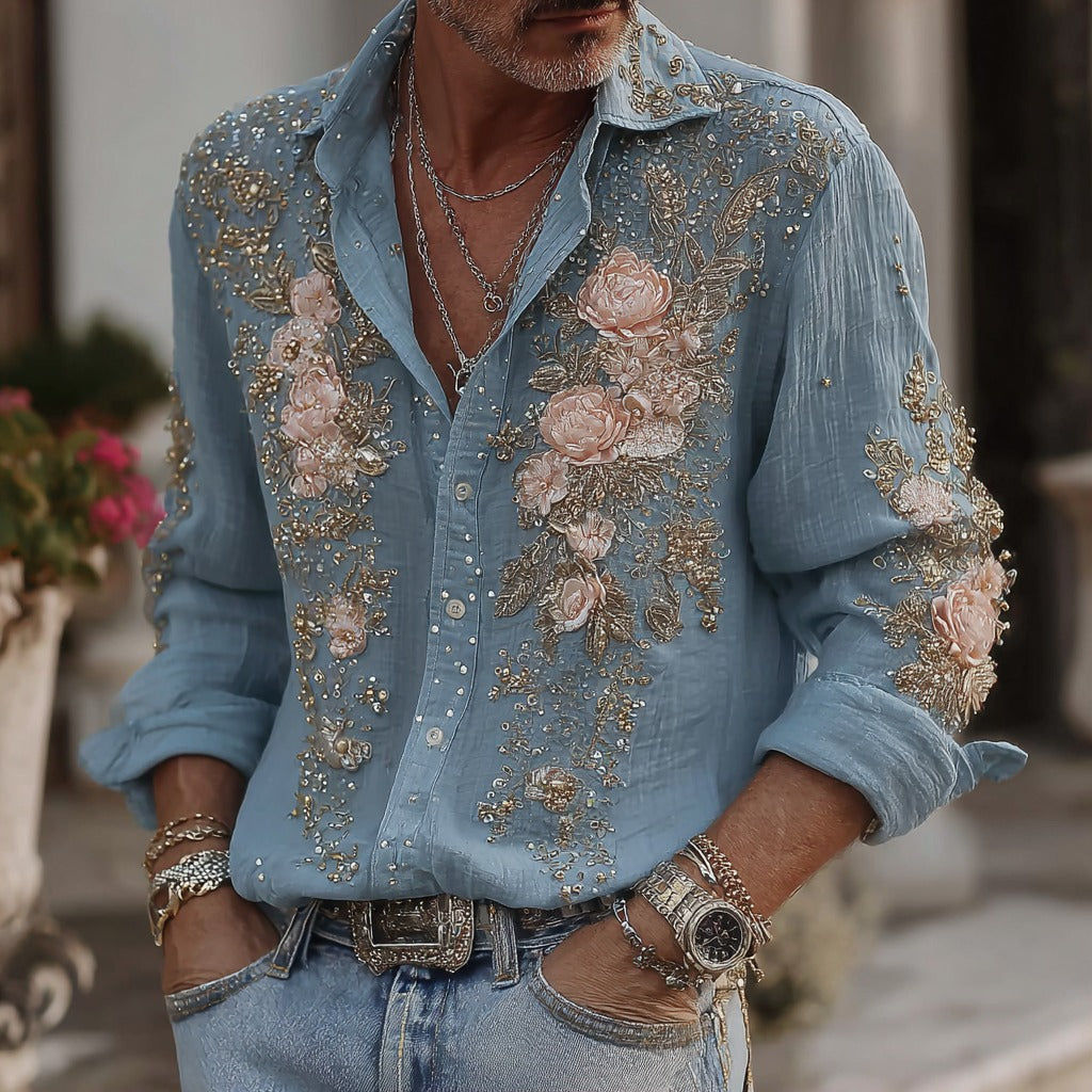 Men's Vintage Rose Floral Embroidered Comfort Linen Shirt elevenforest