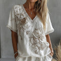 Women's White Rose Embroidery Art V-neck Short Sleeve Linen Blend T-shirt elevenforest