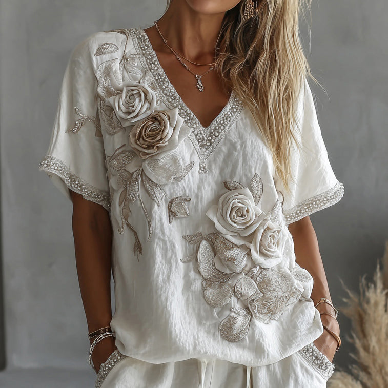 Women's White Rose Embroidery Art V-neck Short Sleeve Linen Blend T-shirt elevenforest