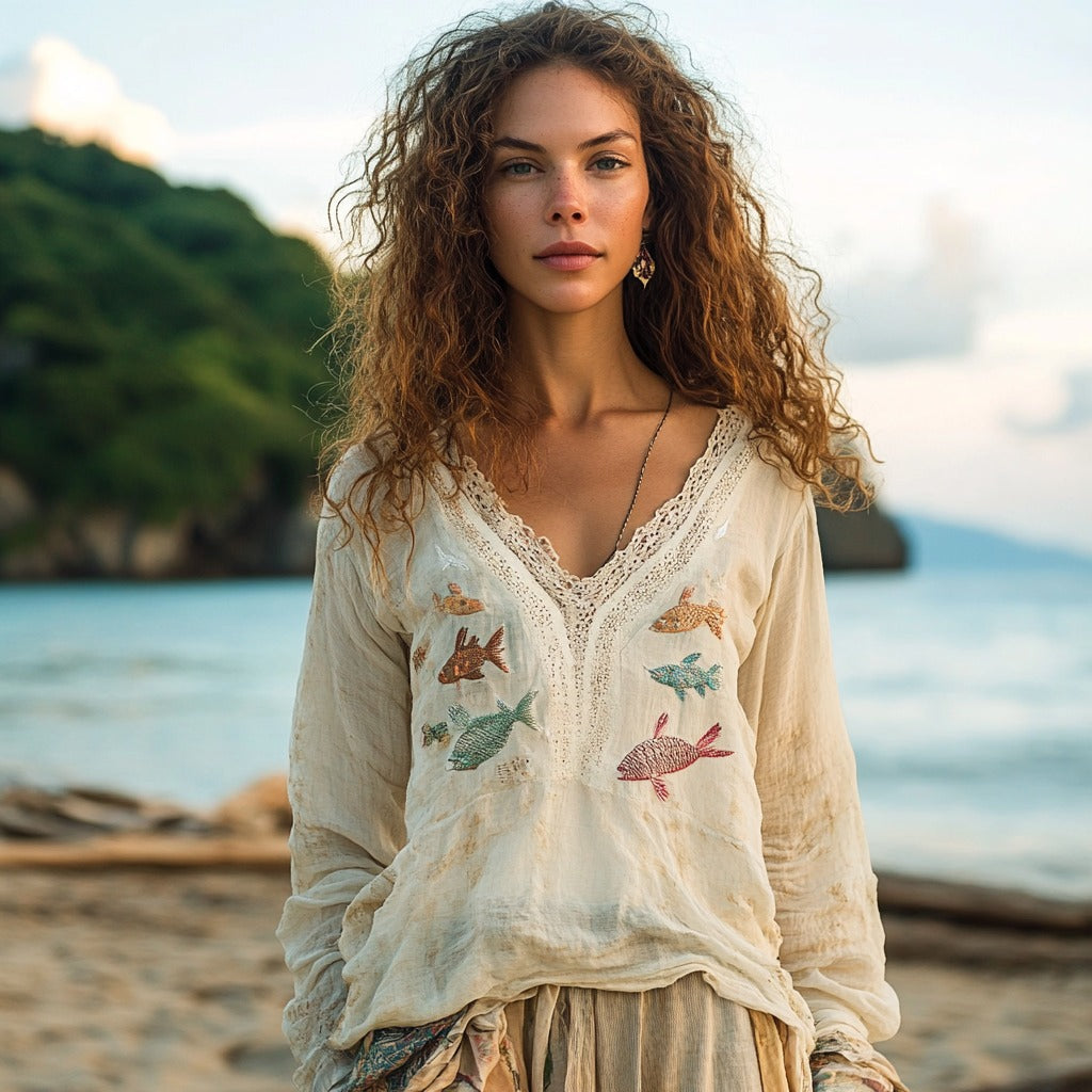 Shoal Of Fish Embroidery Print Linen Blend Loose Blouse elevenforest