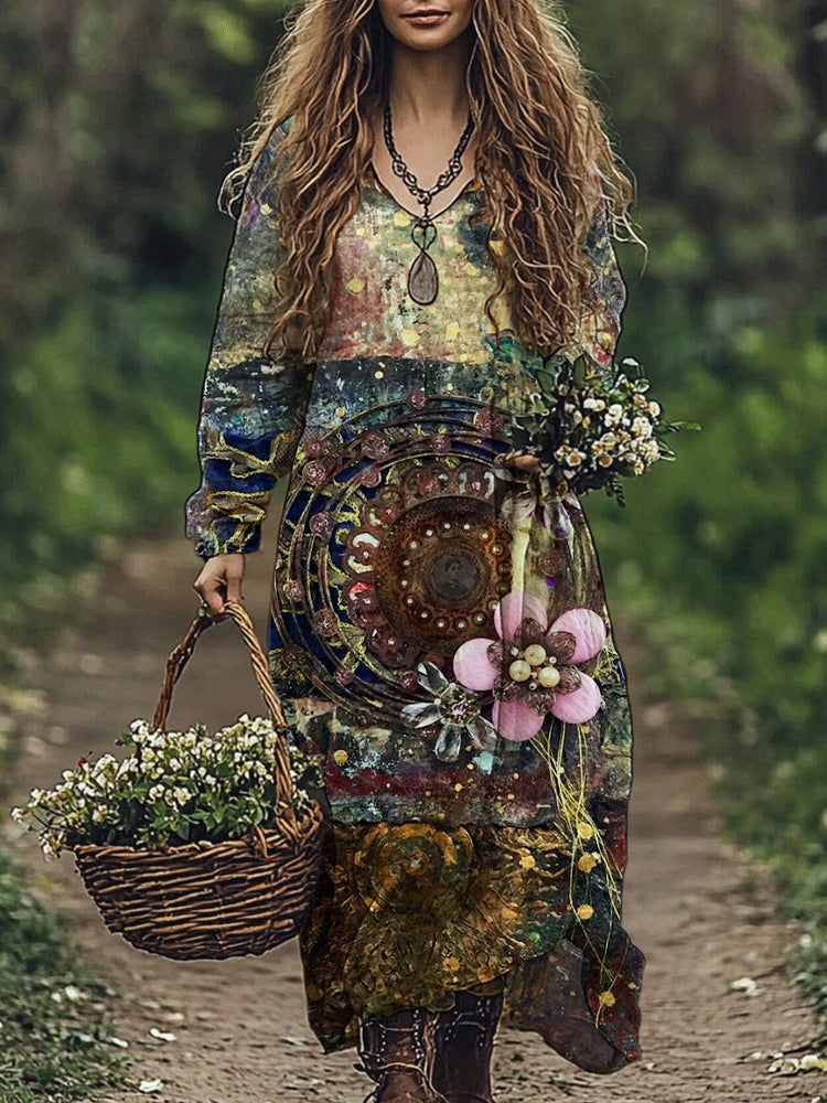 Western Vintage Floral Pattern Women's Flowy Maxi Dress elevenforest