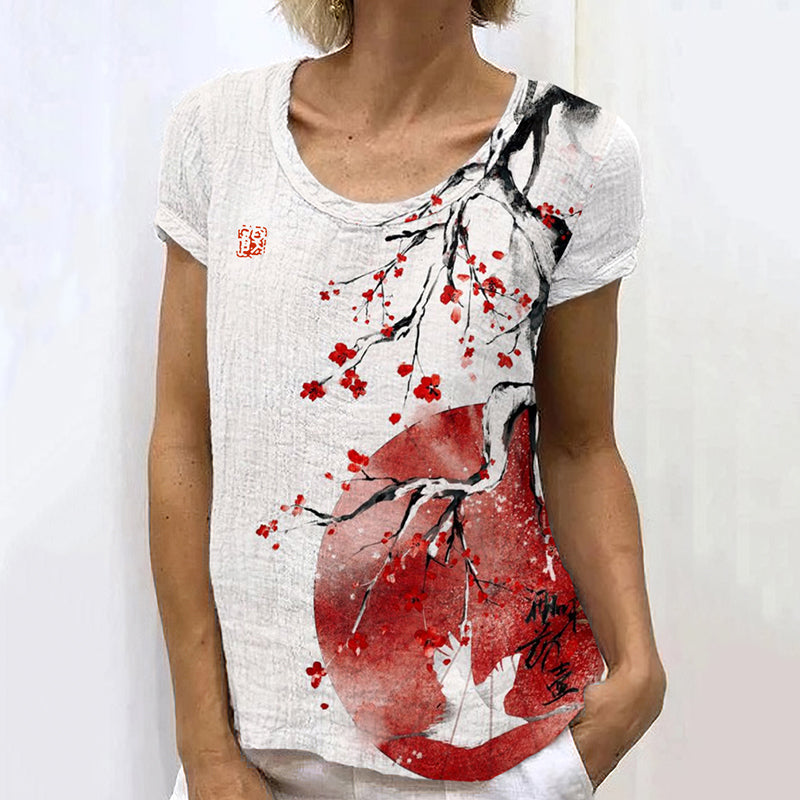 Retro Japanese Ink Painting Of Floral Sunrise Art Linen Casual T-Shirt elevenforest