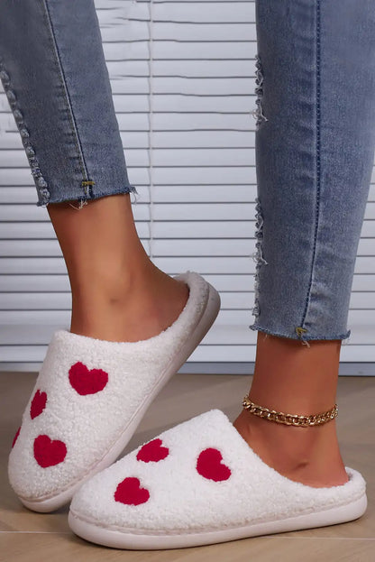 Plush White Valentines Day Hearts Print House Slippers