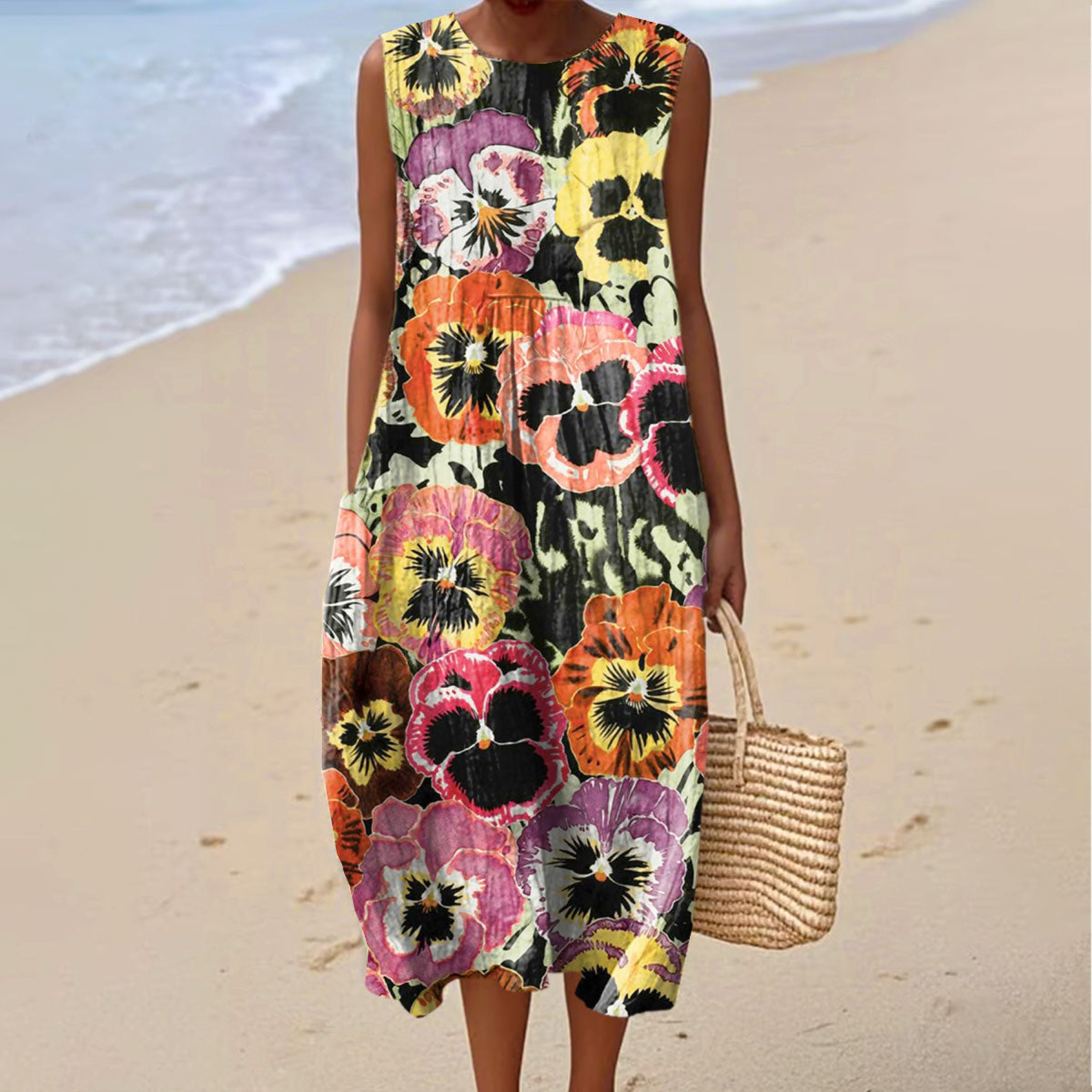 Women's Vintage Floral Art Print Sleeveless Cotton Wrap Dress elevenforest
