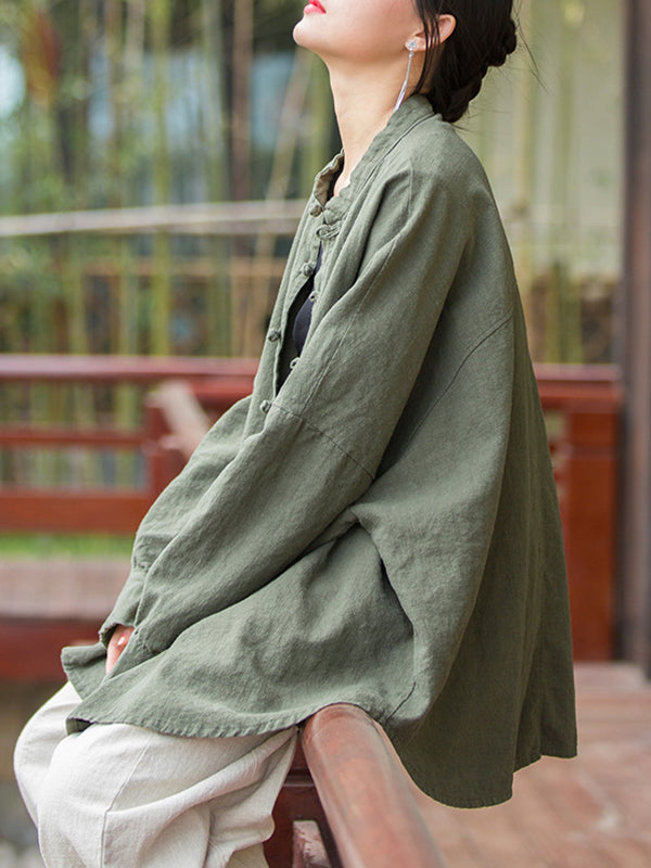 Batwing Sleeves Loose Chinese Frog Buttons Pleated Color Split-joint Stand Collar Blouses