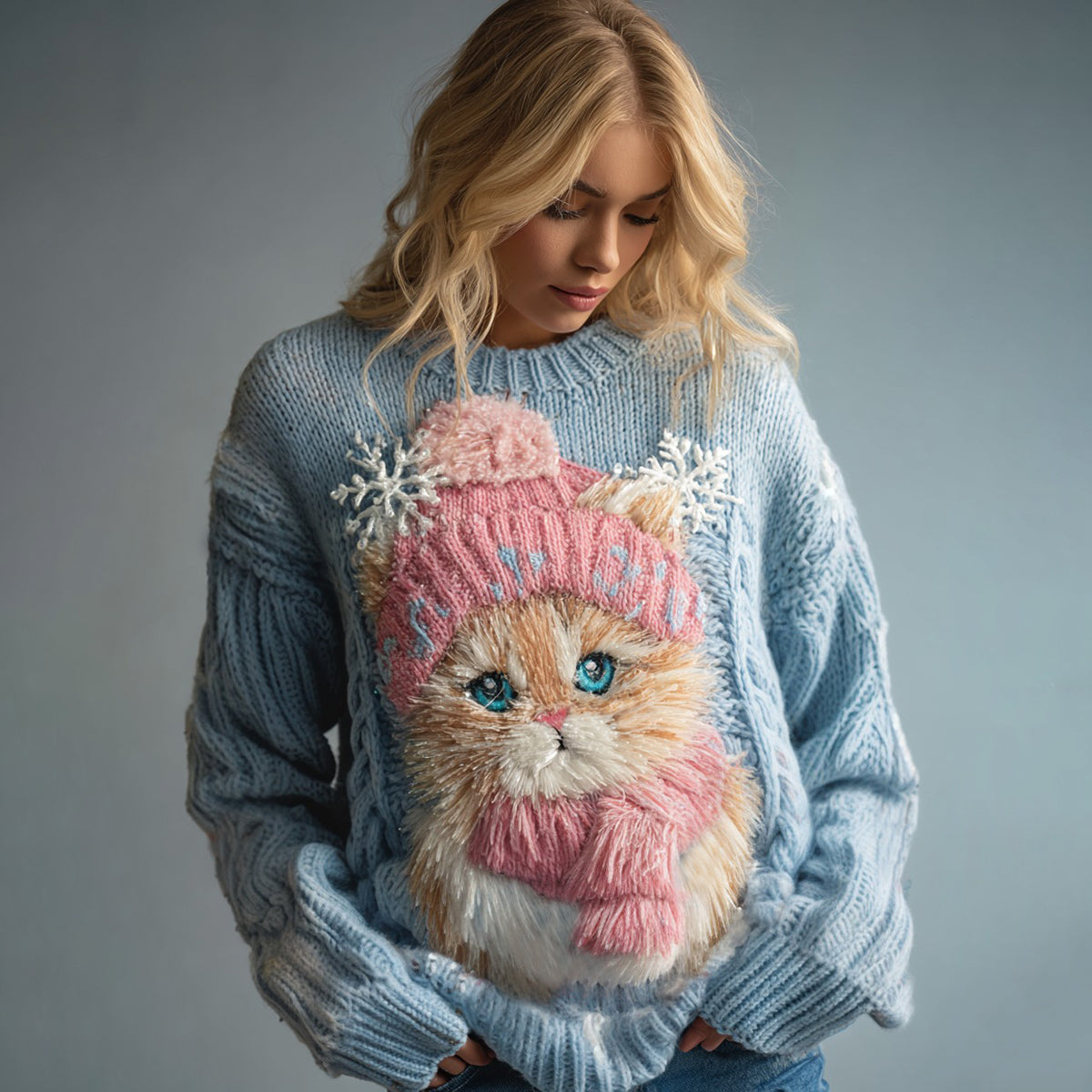 Women's Vintage Christmas Orange Cat Snowflake Art Cozy Sweater elevenforest
