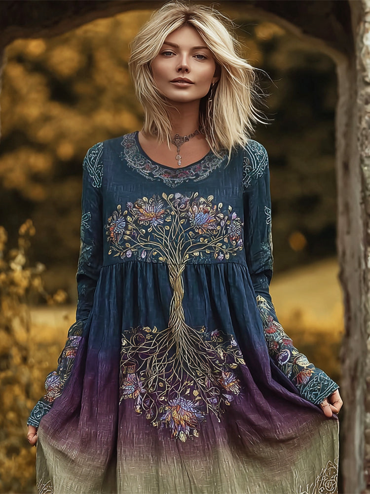 Viking Tree Of Life Embroidered Vintage Gradient Women's Linen Long Sleeve Maxi Dress elevenforest
